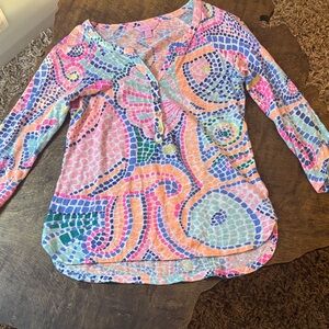 Lilly Pulitzer XS Colorful Mosaic Popover Top 3/4 Sleeve Pink Blue Preppy Resort